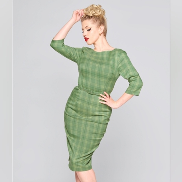 NWOT Collectif Adaline Leaf Check Green Plaid Fitted Wiggle Dress - Picture 3 of 15